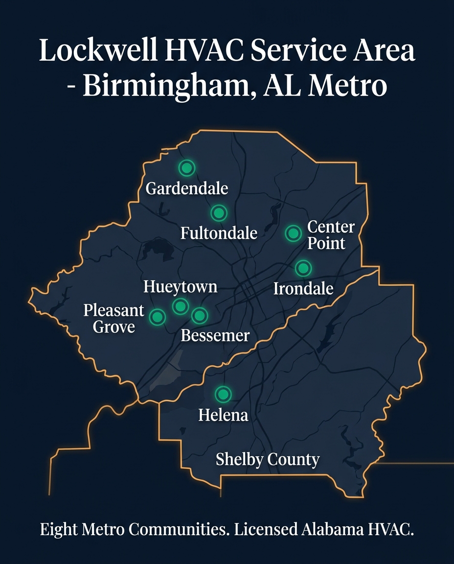 Lockwell HVAC service area map — Birmingham, AL metro with Gardendale, Fultondale, Center Point, Irondale, Bessemer, Hueytown, Pleasant Grove, and Helena marked across Jefferson and Shelby Counties