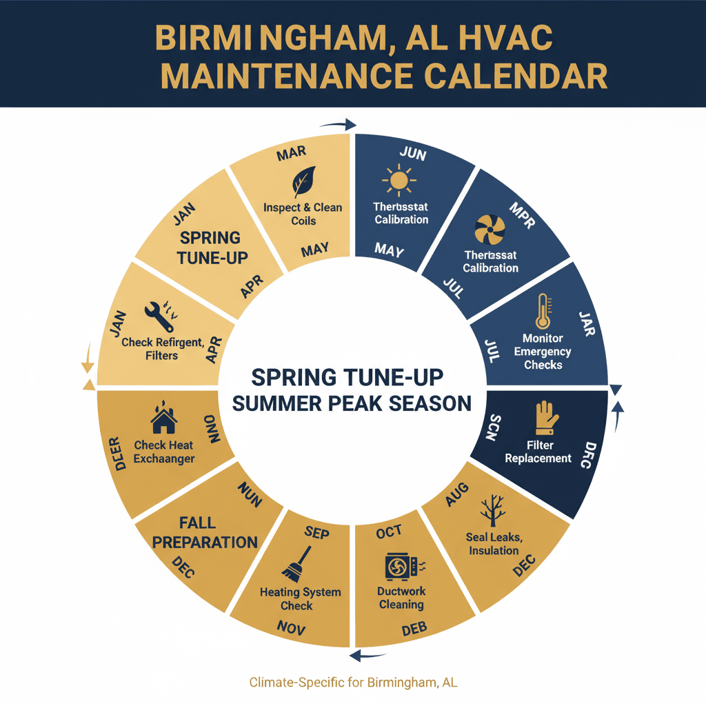 Seasonal HVAC maintenance calendar for Birmingham Alabama showing spring AC prep, summer monitoring, fall heating prep, and winter protection